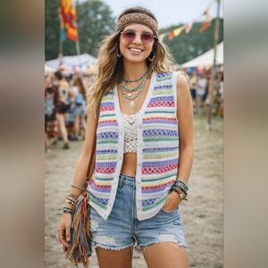 Koret 1X Rainbow Crochet Vest Boho Festival Concert Cottage Colorful Granny